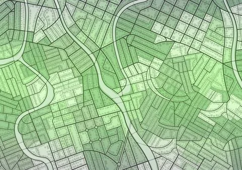 Conceptual urban plan showing complex road network, winding river path Stockillustratie