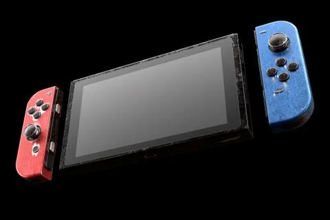 Conceptual used video game controllers attached to touch screen with scratches Stock Illustration