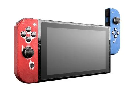 Conceptual used video game controllers attached to touch screen with scratche Stock Illustration