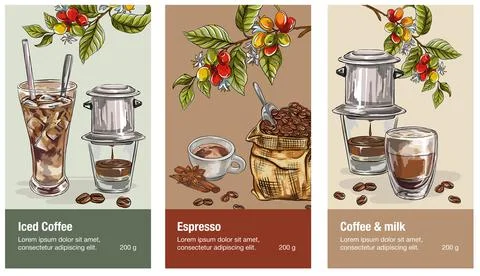 Conceptual vector illustration of coffee types banners. Graphic style element Stock Illustration