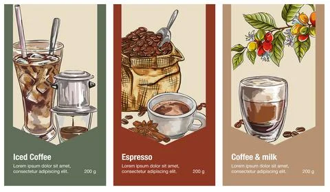 Conceptual vector illustration of coffee types banners. Graphic style element Stock Illustration