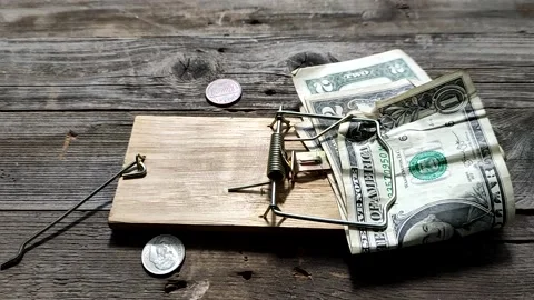 Conceptual video with the Mousetrap in which the US currency is put as bait, Video stock 155288719
