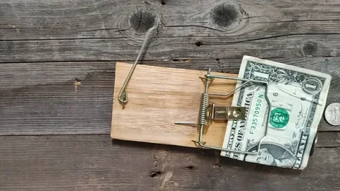 Conceptual video with the Mousetrap in which the US currency is put as bait, Video stock 155288722