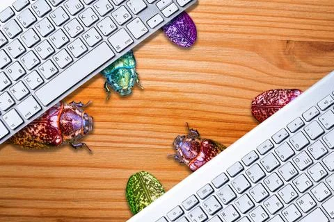 Conceptual view of computer bugs on striped wooden desk Stock Photos