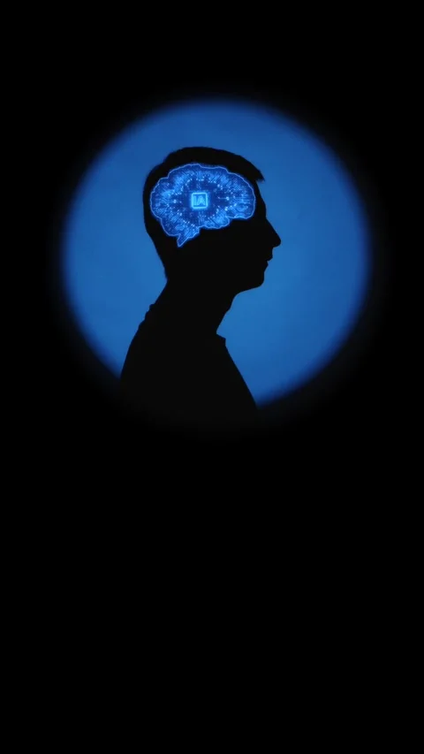 Conceptual visualization of AI chip in a man's brain silhouette Stock Footage 334629855