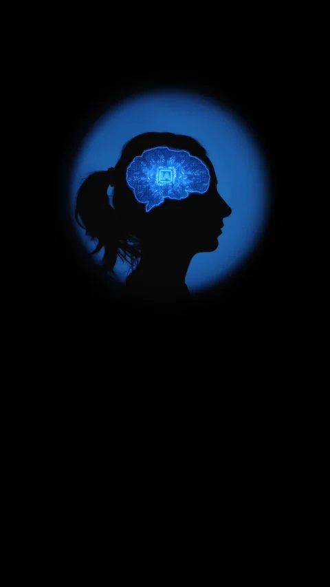 Conceptual visualization of AI chip in a woman's brain silhouette Stock Footage 334629856