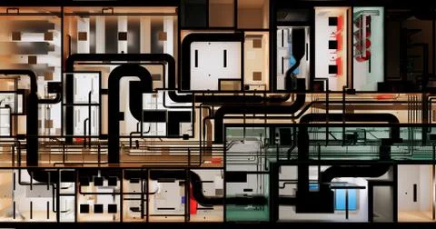 Conceptual visualization of the BIM model utilities of the building	 Stock Illustration