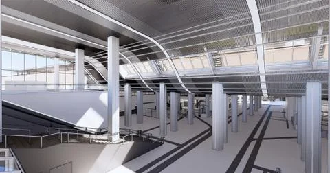 Conceptual visualization empty public space of a large shopping mall or trans Ilustración de archivo