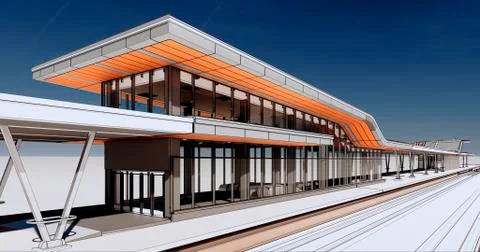 Conceptual visualization of a passenger railway platform in a modern design Ilustración de archivo