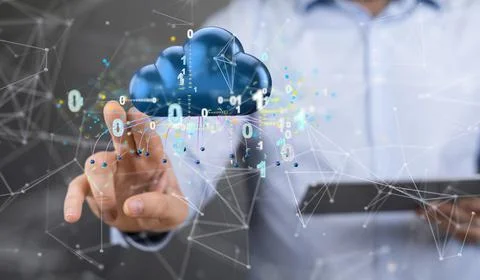 A conceptual wallpaper with a 3d rendered technological cloud and a person in Foto stock
