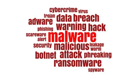 Conceptual Words Cloud. Data Breach, Malware, Cyber Attack, Hacked Concept Stock Illustration