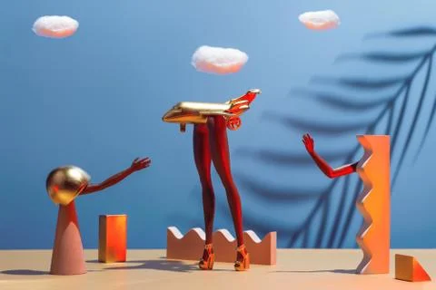 Conceptual work on the theme of lockdown. The golden plane is on its feet, an Stock Photos