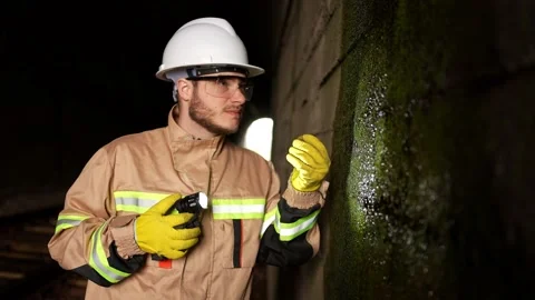 A concerned, alarmed railway engineer with a lantern in his hands checks the Video stock 235536979
