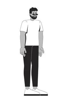 Concerned black man with beard and sunglasses in casual wear 2D line characte Stock Illustration