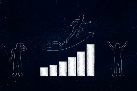 Concerned man before positive growth bar chart, running on arrow going up and Stock Illustration