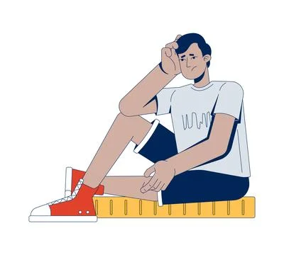 Concerned young indian man sitting on giant coin 2D cartoon character Stock Illustration