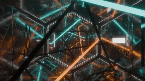 Concert background, Neon lights create an abstract pattern within a dark tunnel Stock Footage 280046609