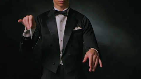 Concert of classical music under direction of an orchestra conductor. Man waves Video stock 170326366