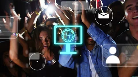 Concert crowd clapping phone light flashing causing cyan globe UI overlays over Stock Footage 332686131