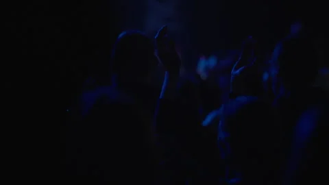 Concert crowd silhouettes in deep blue light clapping with raised arms Stock Footage 334351200