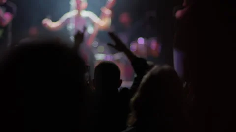 Concert fan clapping in crowd with purple bokeh and stage behind Stock Footage 334351503