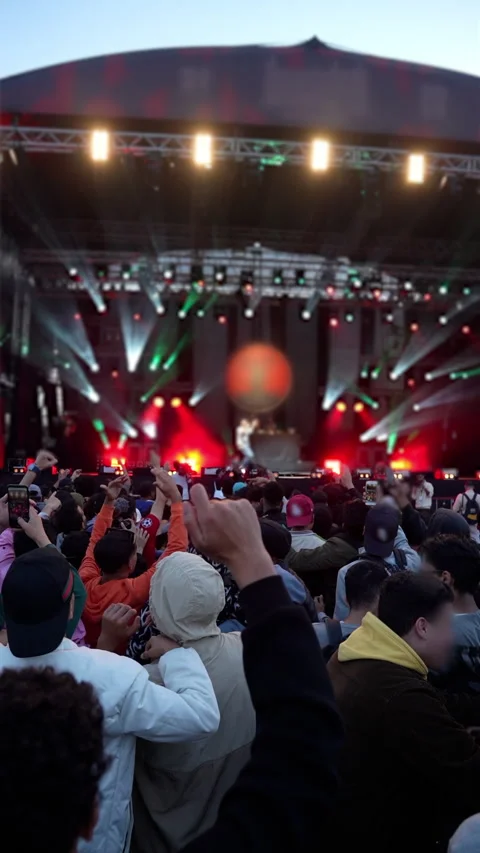 Concert front row crowd cheering hands in air slow motion day light vertical Stock Footage 296896154