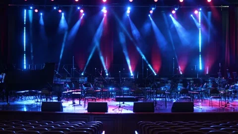Concert light. Stage lighting background. A room and a stage without people. Stock Footage 221858568