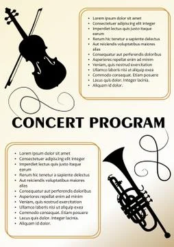 Concert program template with violin and trumpet silhouette, text frames, beige Stock Illustration