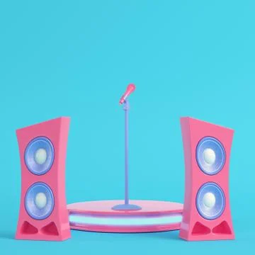Concert stage with microphone and speakers on bright blue background in paste Stock Illustration