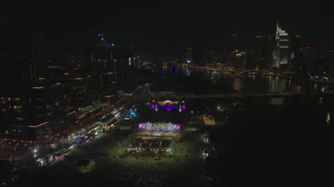 Concert stage view with low-angle drone rotation Video stock 346605133