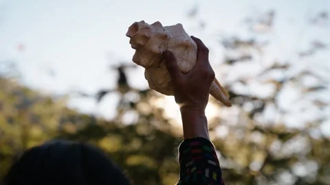 Conch shell raised to the sky during a traditional Mayan fire ceremony Stock Footage 328918880