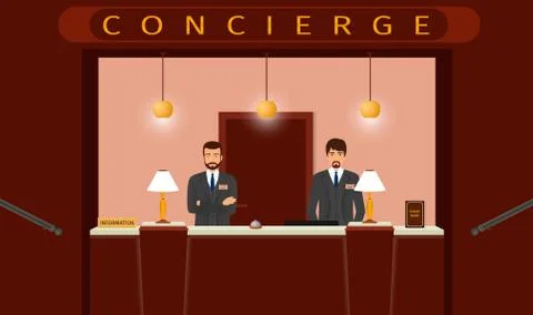 Concierge desk service. Front view of hotel concierge counter with two hotel  Stock Illustration