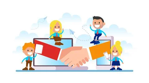 Conclusion of a contract online. Handshake. Stock Illustration