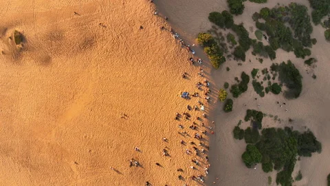 Concon Sand Dune Ridge Sunset Crowd Top-Down Aerial Stock Footage 336547187