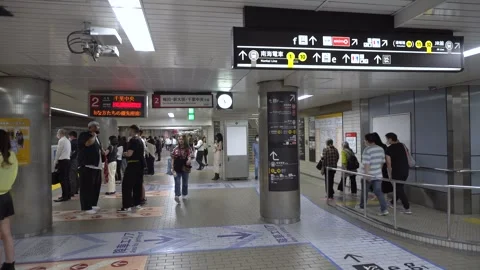 Concourse, Platform, and Passengers at Japanese Subway Station in Osaka, Japan Stock Footage 264170789