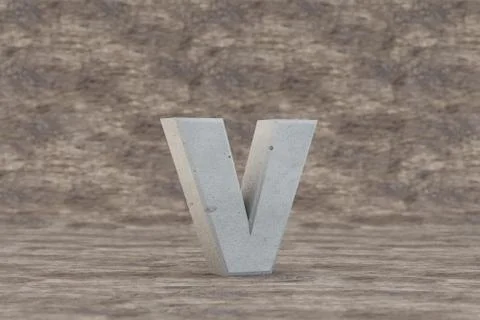 Concrete 3d letter V lowercase. Hard stone letter on wooden background. 3d Illustration