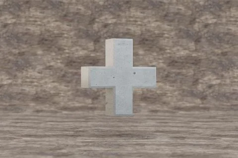 Concrete 3d plus symbol. Hard stone sign on wooden background. 3d rendered font Illustrazione stock