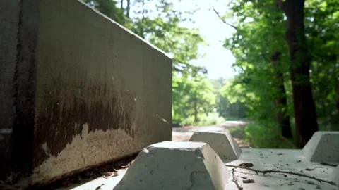 Concrete barrier blocking a sunlit forest pathway during daytime exploration Stock Footage 291882982
