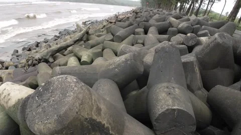 Concrete Block Breakwater Beach Waves Shoreline Stock Footage 280565224
