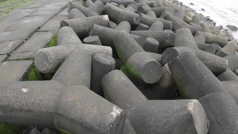Concrete Block Breakwater Beach Waves Shoreline Stock-Footage 280565277