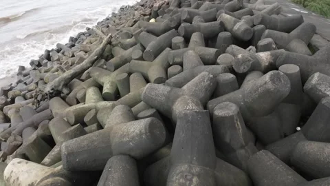 Concrete Block Breakwater Beach Waves Stock Footage 280566929