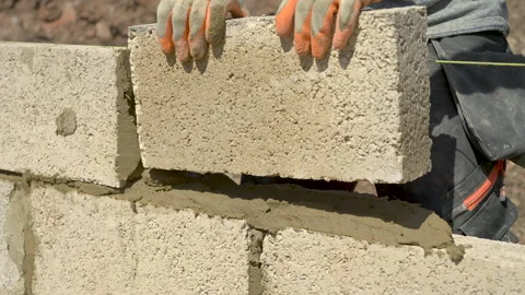 Concrete Block Laid On Wall By Bricklayer 스톡 동영상 239682631
