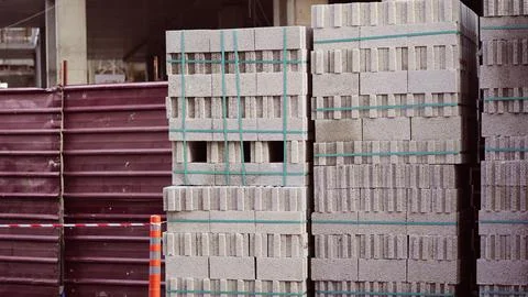 Concrete blocks stacked on construction site outdoor closeup Stock Photos