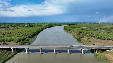 Concrete bridge over the river. Drone 4K Stock Footage 280343904