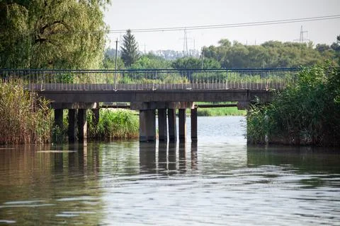 Concrete bridge over a small river with green reeds. Road bridge with concret Stock Photos