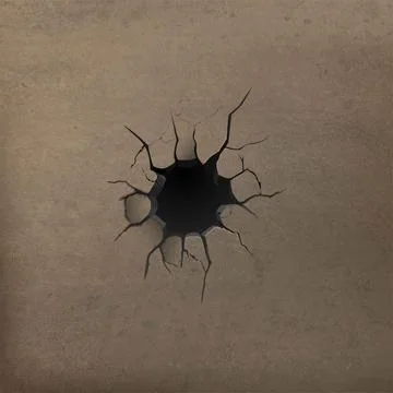 Concrete brown wall with round hole and cracks. Textured realistic surface. Stock Illustration
