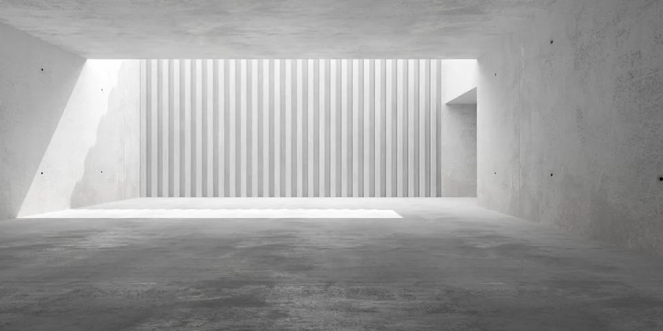 Concrete brutalism room, large modern empty interior to courtyard with arra.. Stock Illustration