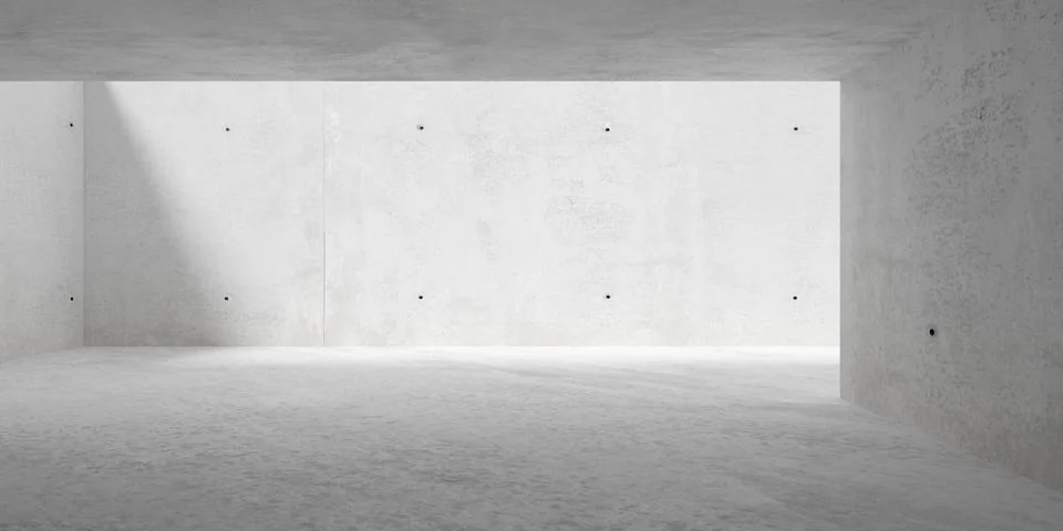 Concrete brutalism room with rectangular opening recess and sunlight - mode.. Illustrazione stock