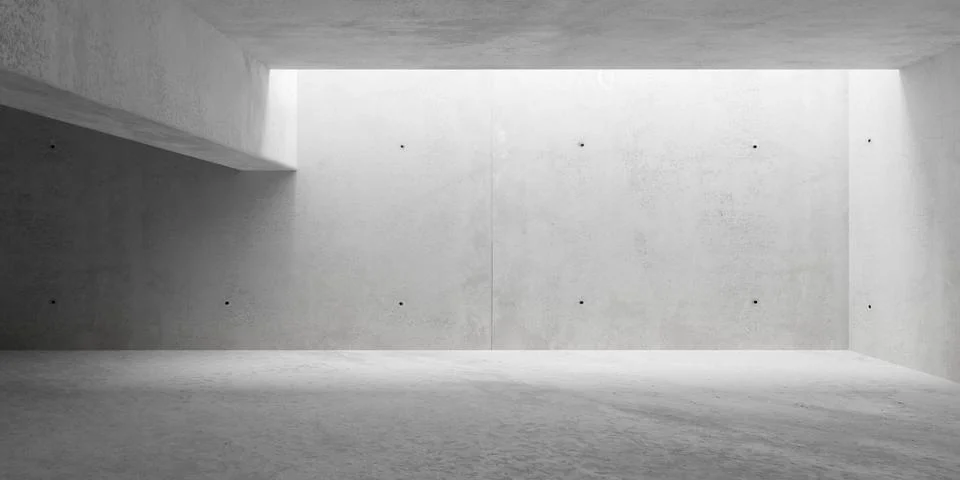 Concrete brutalism room with rectangular opening and ceiling beam - modern .. Illustrazione stock