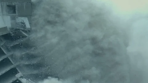 Concrete building is destroyed by smoke clouds in slow motion Stock Footage 129212780